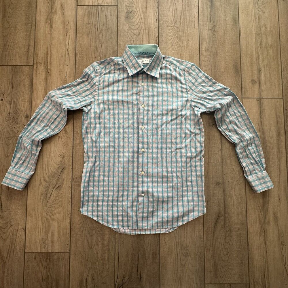 Robert Graham Shirt Mens 38 15 Regular Plaid Flip Cuff Button Long Sleeve Teal